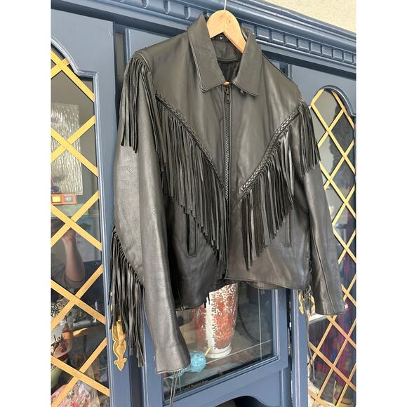 Vintage Black Leather Fringe Jacket | Size Medium | Western Biker Rodeo Boho - Picture 2 of 12